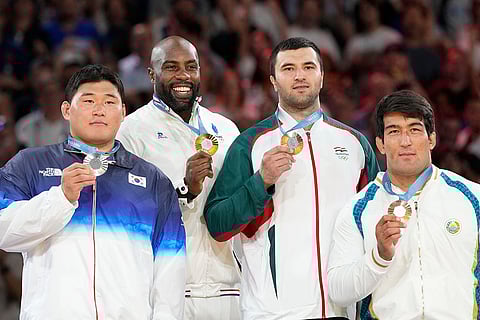Medal ceremony for men's +100 kg event in team judo competition